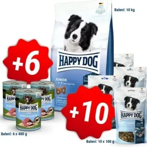 Bezpečná Platba Happy Dog NEW Junior 10kg + 6x400g konzerva + 10x100g pamlsky