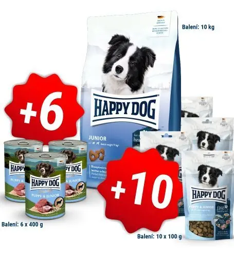 Bezpečná Platba Happy Dog NEW Junior 10kg + 6x400g konzerva + 10x100g pamlsky