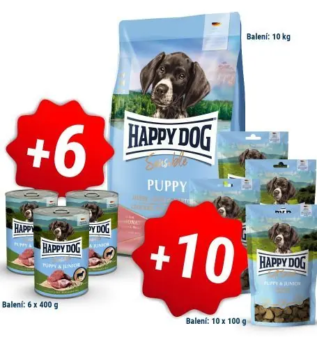 Přímo Od Výrobce Happy Dog Puppy Salmon & Potato 10 kg + 6x400g konzerva + 10x100g pamlsky