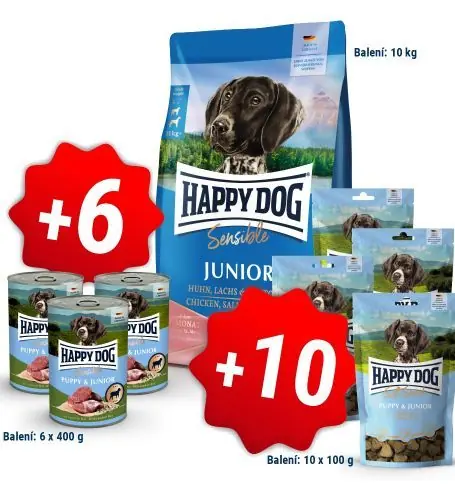 Omezená Nabídka Happy Dog NEW Junior Salmon & Potato 10kg + 6x400g konzerva + 10x100g pamlsky
