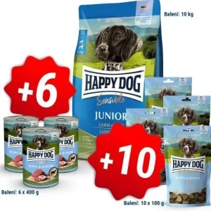 Zlevněný Happy Dog NEW Junior Lamb & Rice 10kg + 6x400g konzerva + 10x100g pamlsky