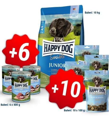 Zlevněný Happy Dog NEW Junior Lamb & Rice 10kg + 6x400g konzerva + 10x100g pamlsky