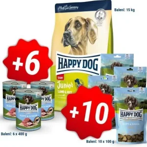 Happy Dog Junior Giant Lamb & Rice 15 kg + 6x400g konzerva + 10x100g pamlsky Oblíbený