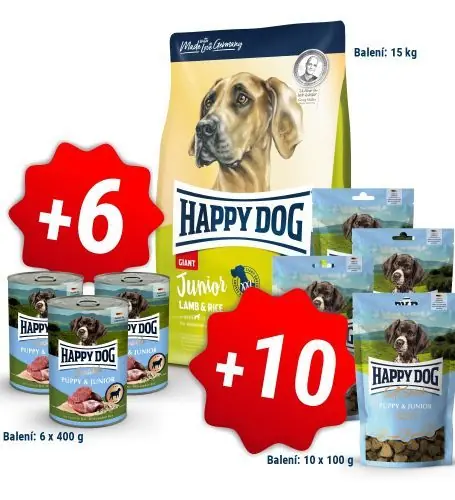 Happy Dog Junior Giant Lamb & Rice 15 kg + 6x400g konzerva + 10x100g pamlsky Oblíbený