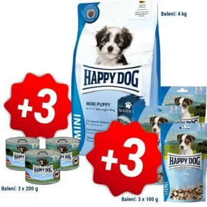 Happy Dog NEW Mini Puppy 4 kg + 3x200g konzerva + 3x100g pamlsky Cenová Bomba