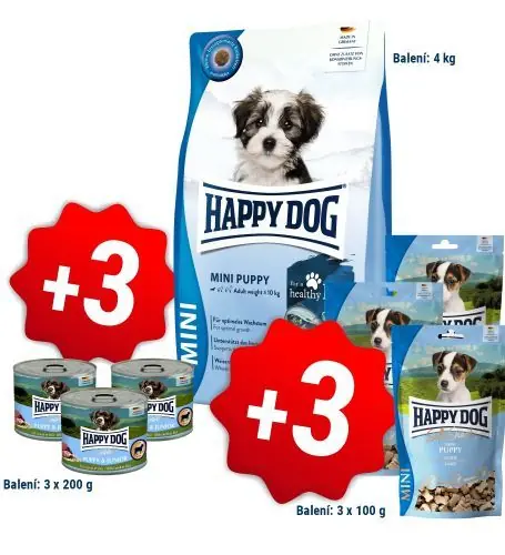 Happy Dog NEW Mini Puppy 4 kg + 3x200g konzerva + 3x100g pamlsky Cenová Bomba