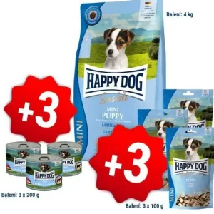 Omezená Nabídka Happy Dog NEW Mini Puppy Lamb & Rice 4 kg + 3x200g konzerva + 3x100g pamlsky