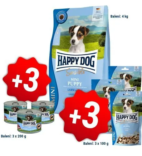 Omezená Nabídka Happy Dog NEW Mini Puppy Lamb & Rice 4 kg + 3x200g konzerva + 3x100g pamlsky