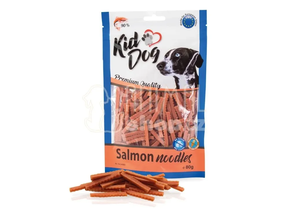 Nová Kolekce KIDDOG masové nudličky - losos pro malé psy a kočky 80 g