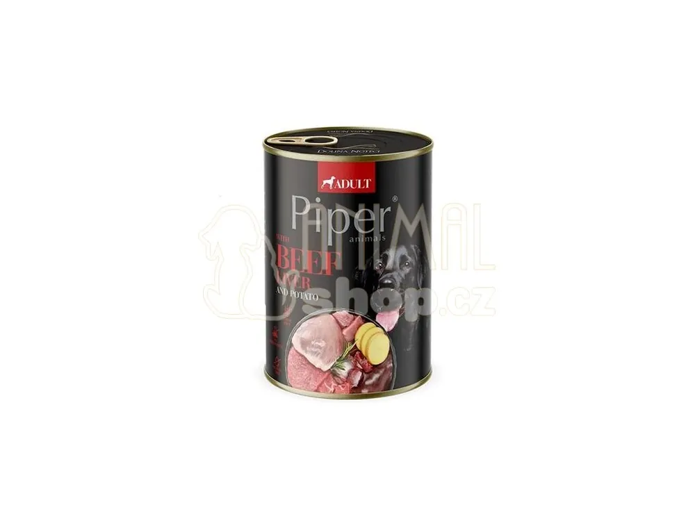 Výprodej NEW PIPER s hovězími játry a bramborami, konzerva pro psy 400 g
