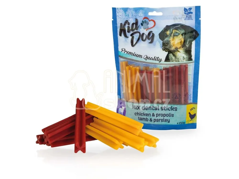 Dokud Zásoby Vydrží KIDDOG kuře+propolis / jehněčí+petržel MIX dentalní tyčinky 250 g