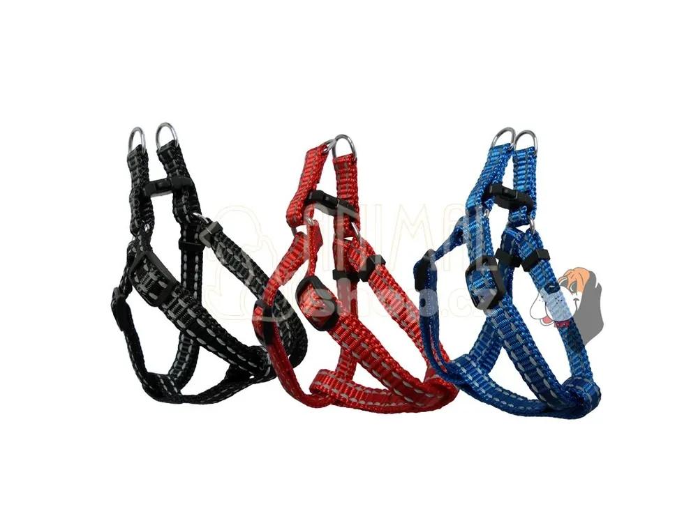 Víkendová Akce Postroj na psa reflexní 10mm x 19-39cm (černý/modrý/červený)