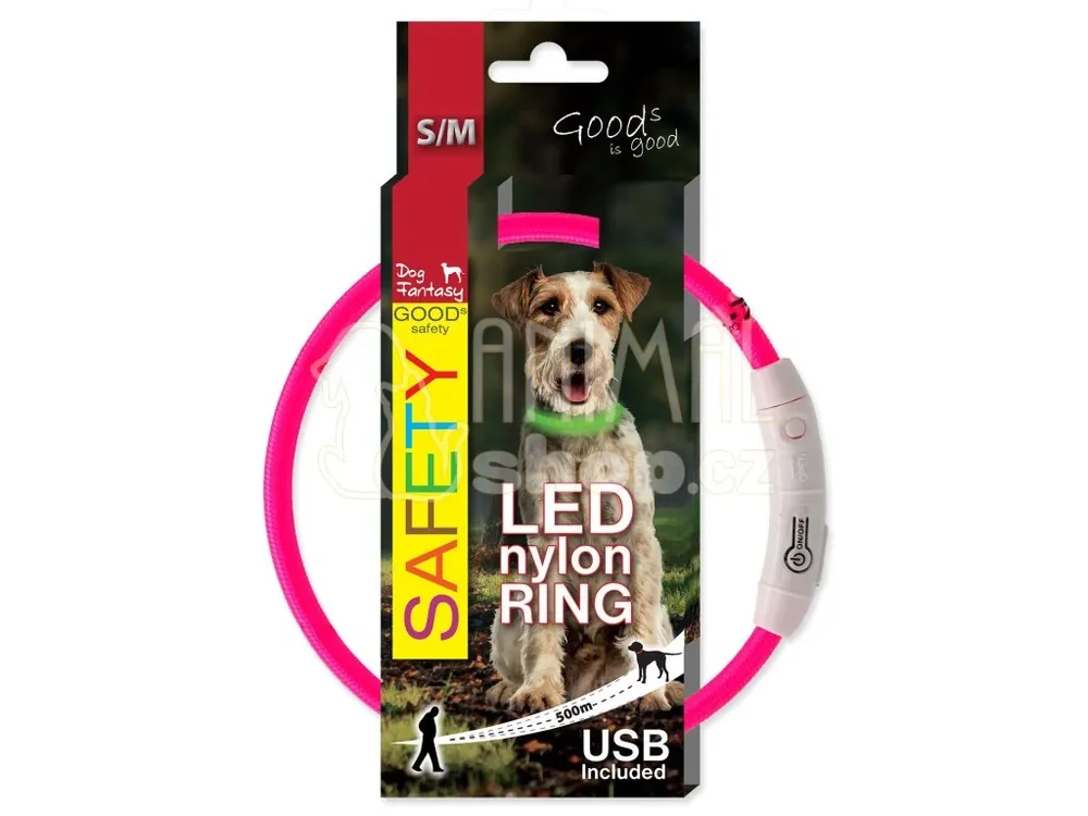 Obojek Dog Fantasy LED nylon růžový 45cm Výprodej