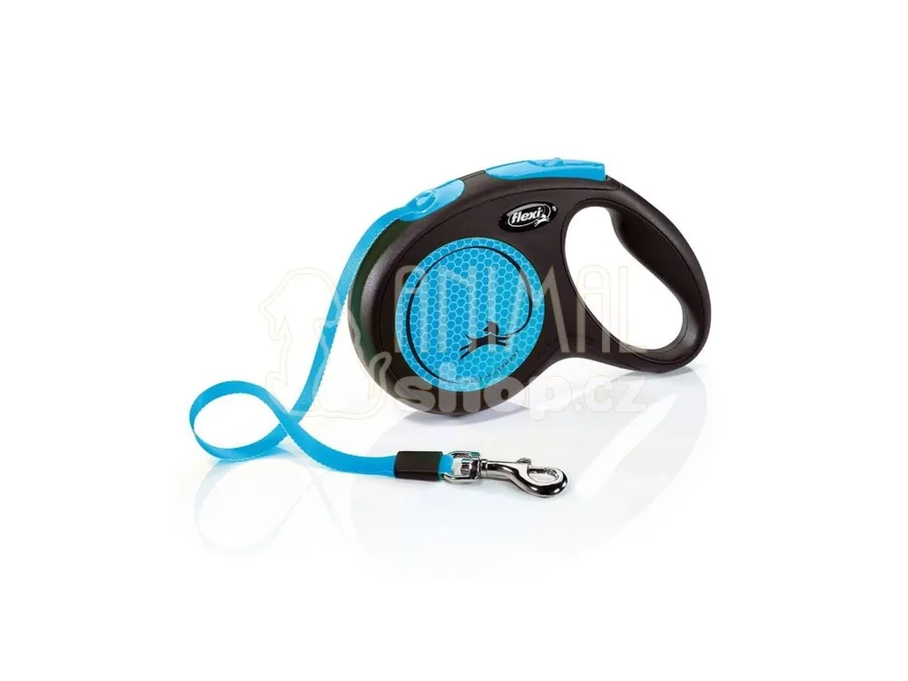 Vodítko FLEXI Neon New M pásek 5m/25kg černá/modrá Časově Omezené