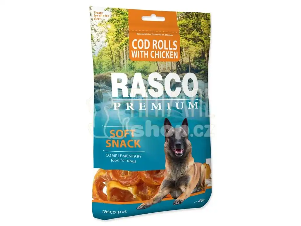 Pochoutka Rasco Premium treska obalená kuřecím, rolky 80g Novinka