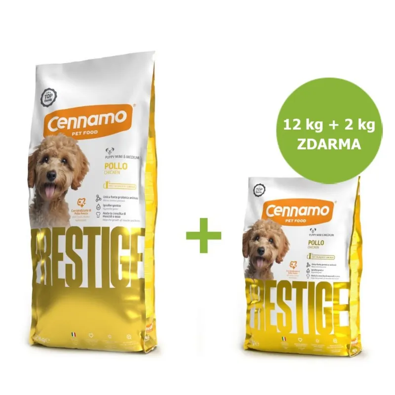 Přímo Od Výrobce Prestige Dog Puppy Mini & Medium Chicken 12 kg + 2 kg ZDARMA