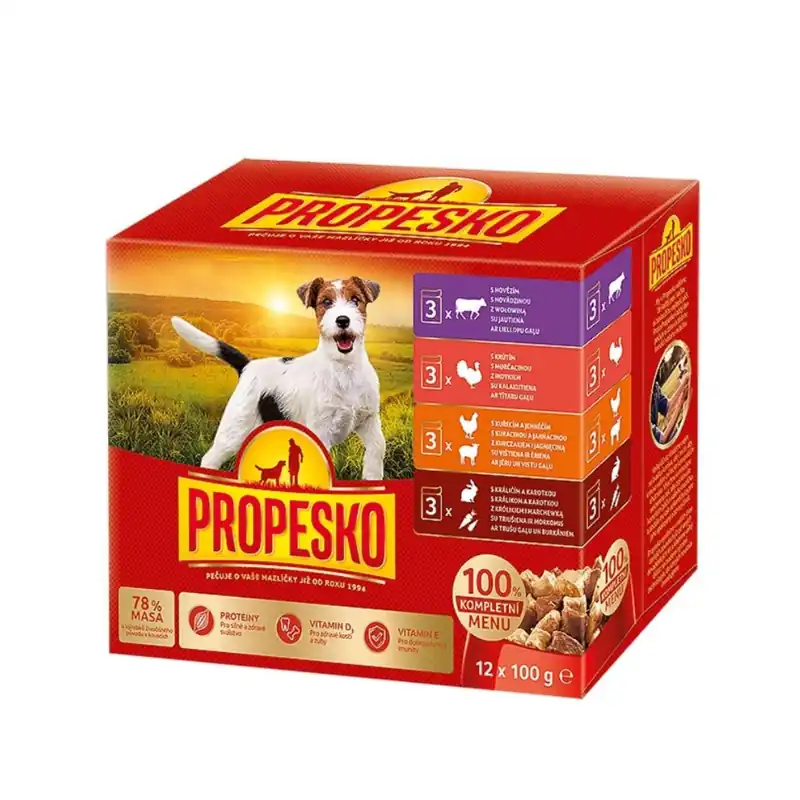 Cenová Bomba PROPESKO Dog kuřecí/jehněčí, krůta, králík s mrkví, kapsa 100 g (12 pack)