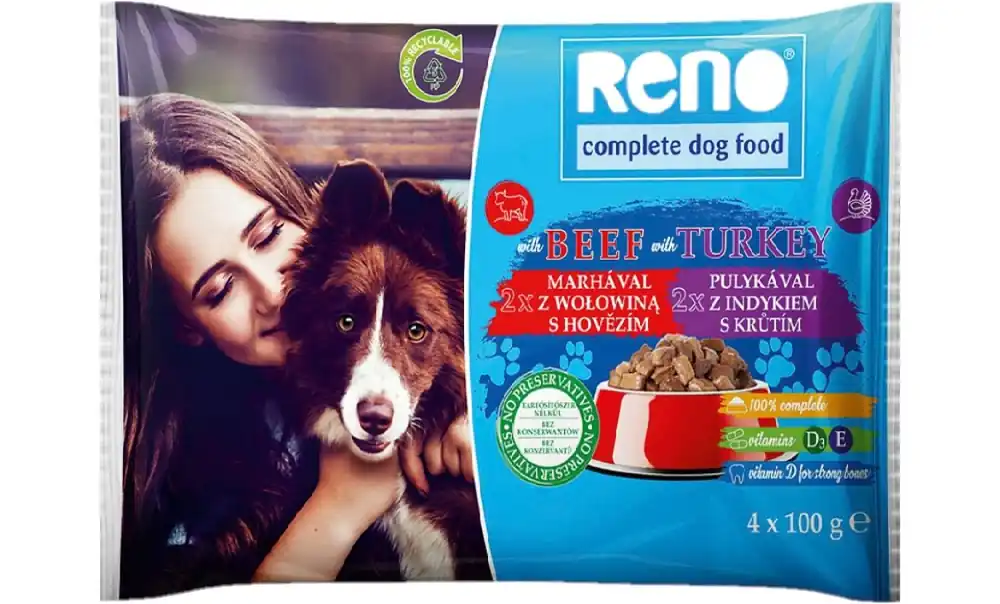 Horká Nabídka RENO Dog hovězí a krůta, kapsa 100 g (4 pack)