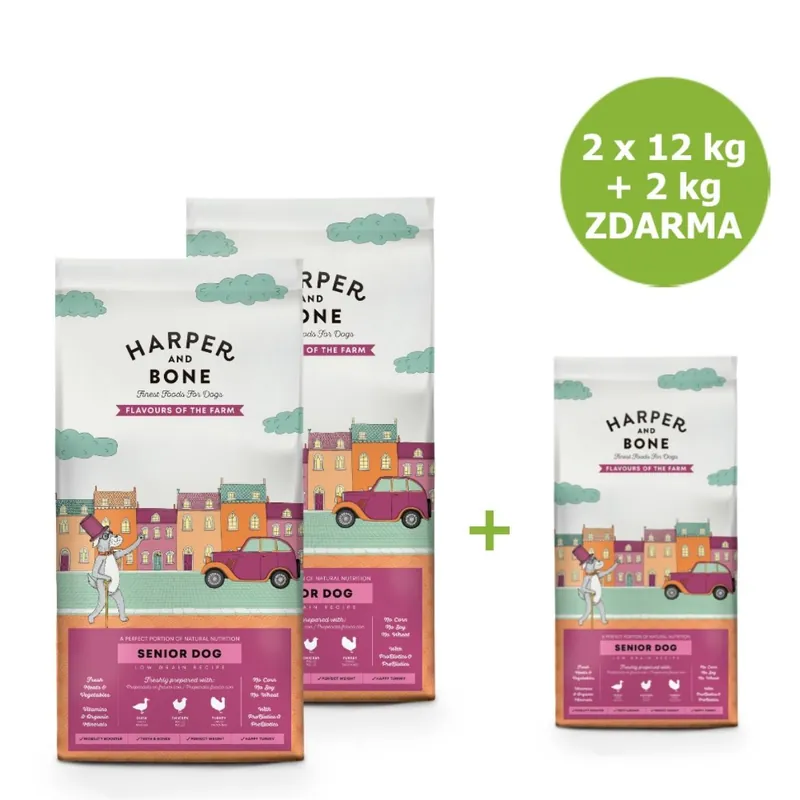 Finální Výprodej Harper and Bone Dog Senior Light příchutě farmy AKCE 2 x 12 kg + 2 kg ZDARMA