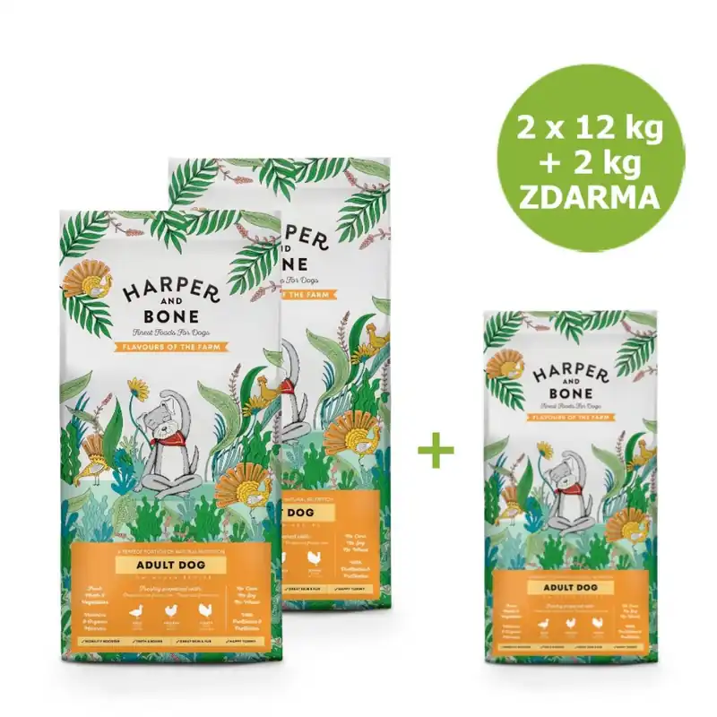 Bezpečná Platba Harper and Bone Dog Adult Large & Medium příchutě farmy AKCE 2 x 12 kg + 2 kg ZDARMA