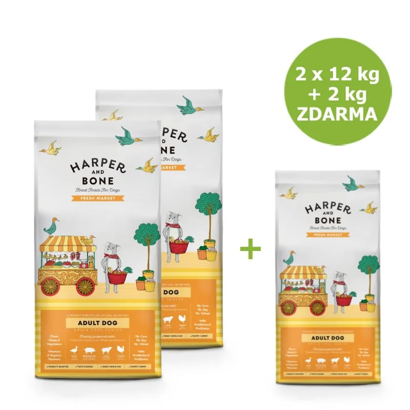 Omezená Nabídka Harper and Bone Dog Adult Large & Medium čerstvé z trhu AKCE 2 x 12 kg + 2 kg ZDARMA