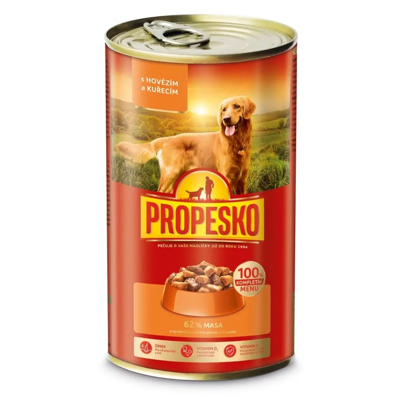 Levný PROPESKO Dog hovězí a kuřecí v omáčce, kousky 1240 g