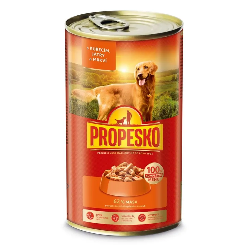 PROPESKO Dog kuřecí, játra a mrkev v omáčce, kousky 1240 g Víkendová Akce