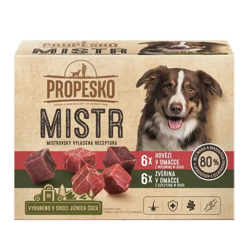 PROPESKO Dog Mistr hovězí, zvěřina v omáčce, kapsa 85 g (12 pack) Cenově Výhodný