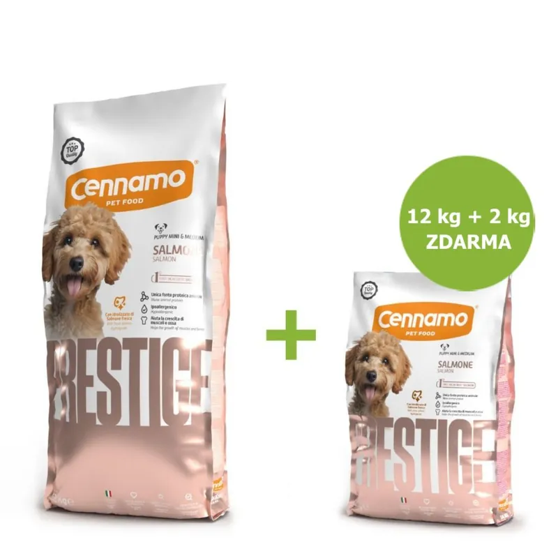 Hit Sezóny Prestige Dog Puppy Mini & Medium Salmon 12 kg + 2 kg ZDARMA