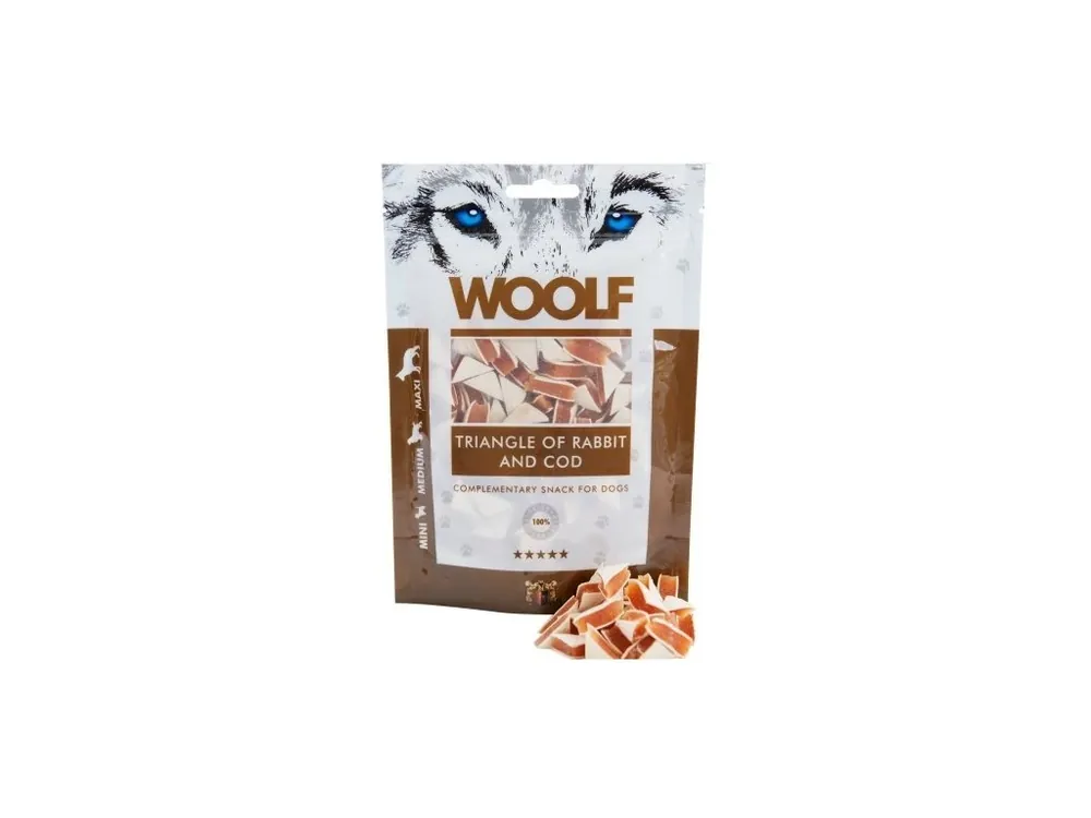 Akční Nabídka Pochoutka WOOLF Rabbit and Cod Triangle 100g