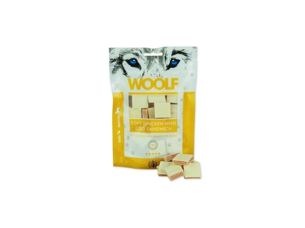 Aktuální Pochoutka WOOLF Soft Chicken with Cod Sandwich 100g
