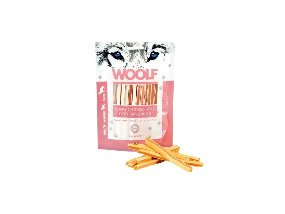 Pochoutka WOOLF Soft Chicken with Cod Sandwich Long 100g Cenově Výhodný