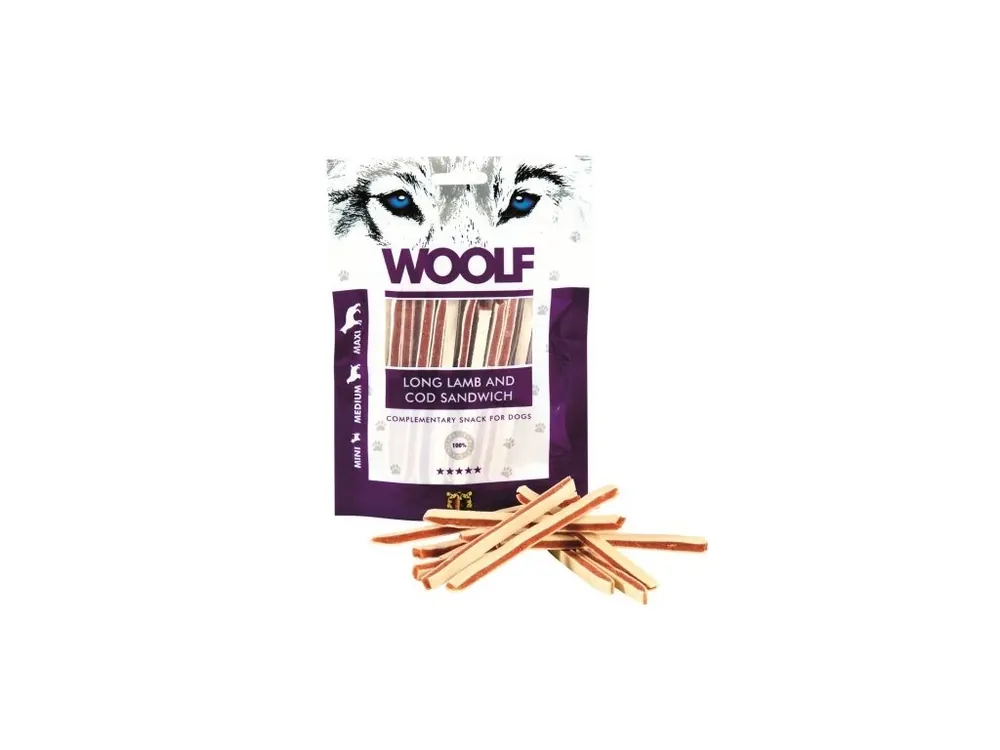 Akce Pochoutka WOOLF Soft Lamb and Cod Sandwich Long 100g