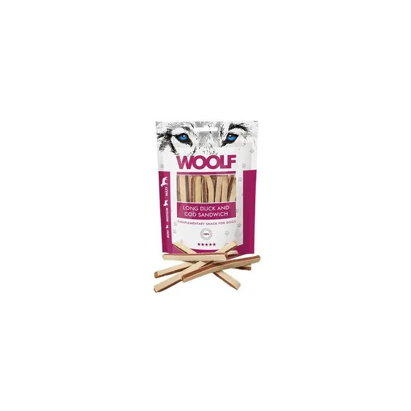 Akce WOOLF pochoutka soft duck and cod sandwich long 100g