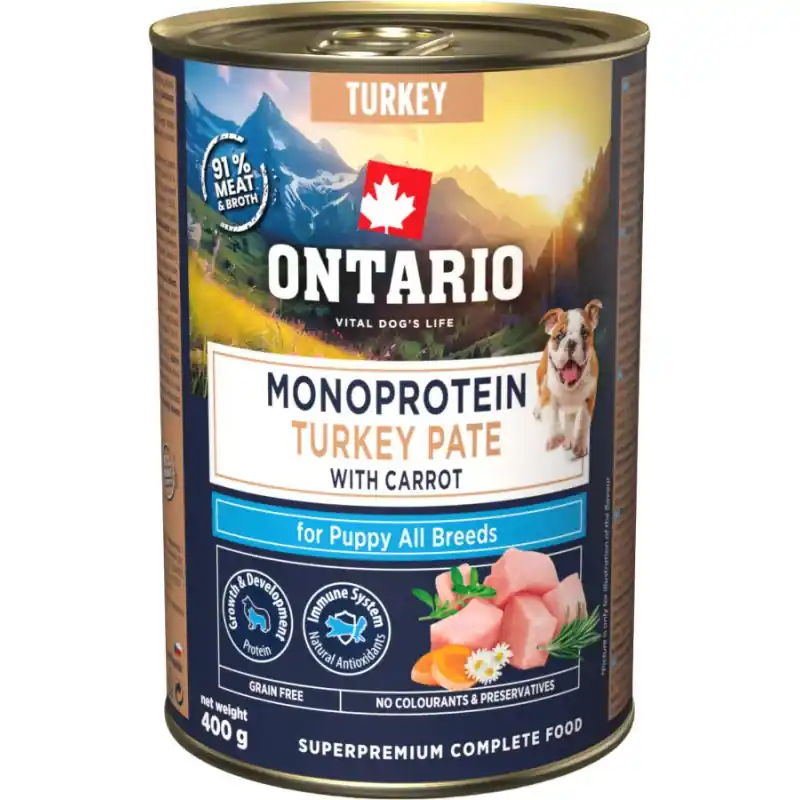Aktuální ONTARIO kon.Puppy monoprotein krůtí pate s mrkví 400g