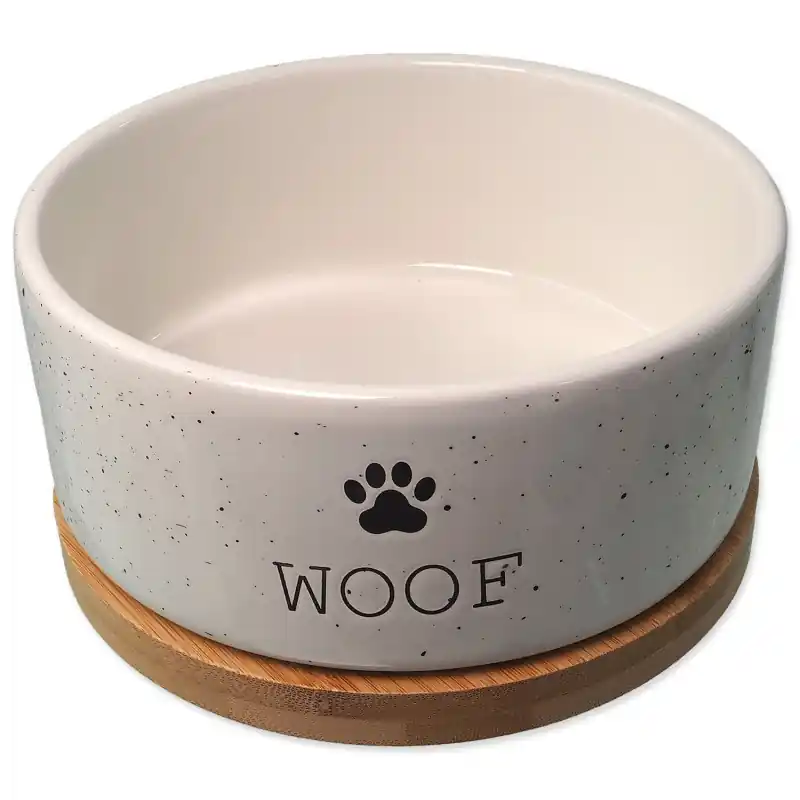 Miska Dog Fantasy keramická bílá WOOF s podtáckem Pouze Dnes