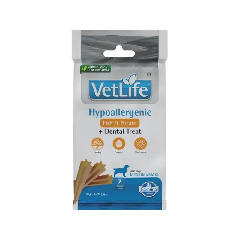 Výhodná Nabídka Vet Life Dog Dental Snack Hypoall. Fish Adult M & L 100g