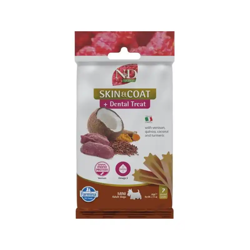 N&D QUINOA Dog Dental Snack Skin & Coat Venis. Mini 60g Cenová Bomba