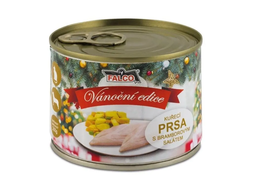 Odeslání Ihned Falco kuřecí prsa s bramborovým salátem - vánoční konzerva pro kočky a psy 200 g