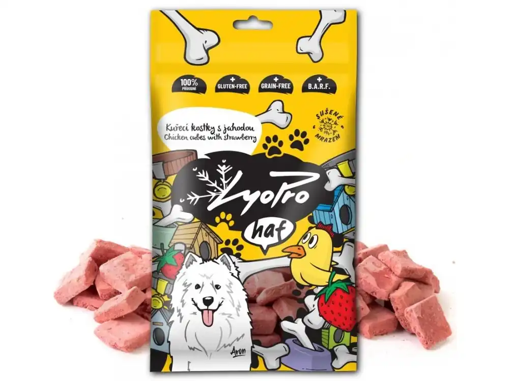 Přímo Od Výrobce LyoPro Dog kuřecí kostky s jahodou - mrazem sušené pamlsky pro psy 50 g