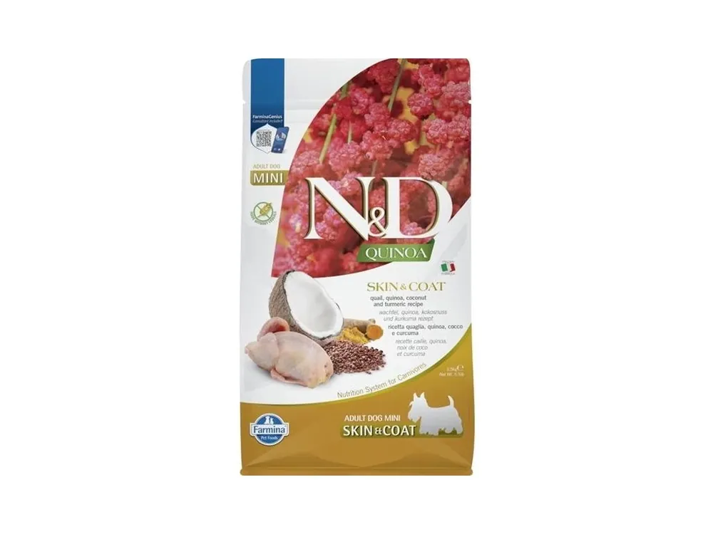 Cenově Výhodný N&D Dog GF Quinoa Skin&Coat Mini křepelka kokos 800 g