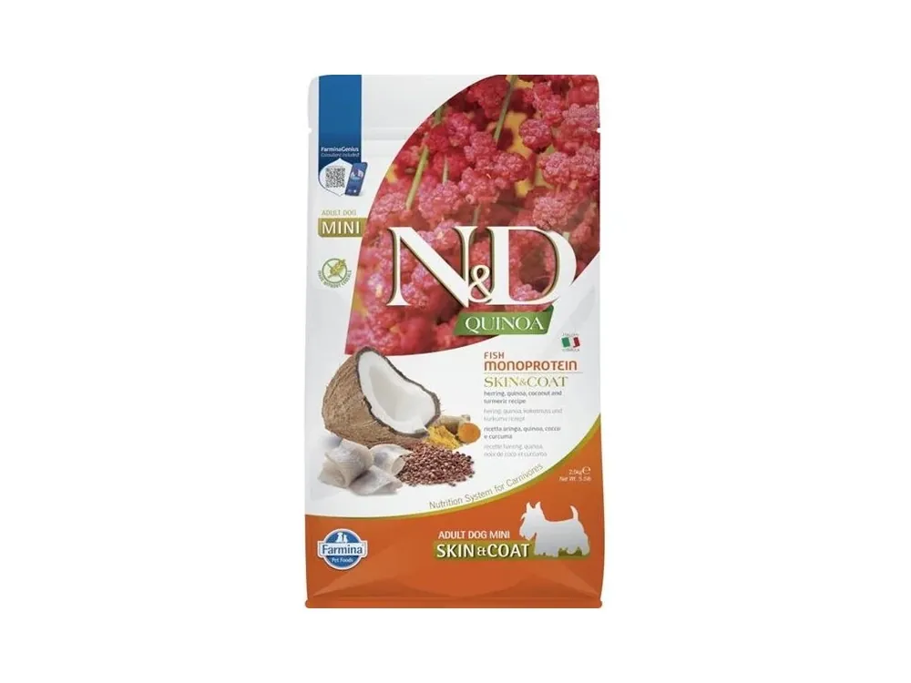 Super Cena N&D Dog GF Quinoa Skin&Coat Mini sleď kokos 2,5 kg