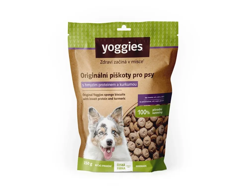 Pamlsek pro psy Yoggies hypoalergenní bezlepkové piškoty s hmyzím proteinem a kurkumou 150g Objednat Nyní