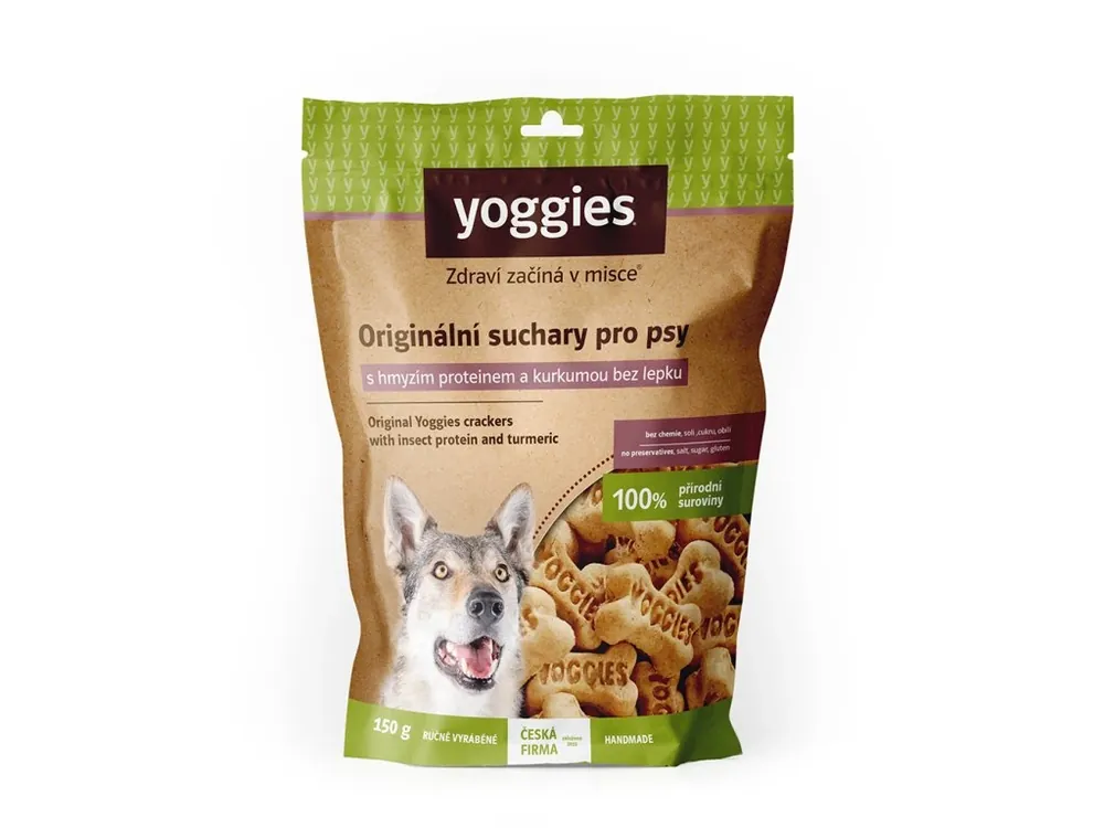 Nakupujte Hned Pamlsek pro psy Yoggies hypoalergenní bezlepkové suchary s hmyzím proteinem a kurkumou 150g