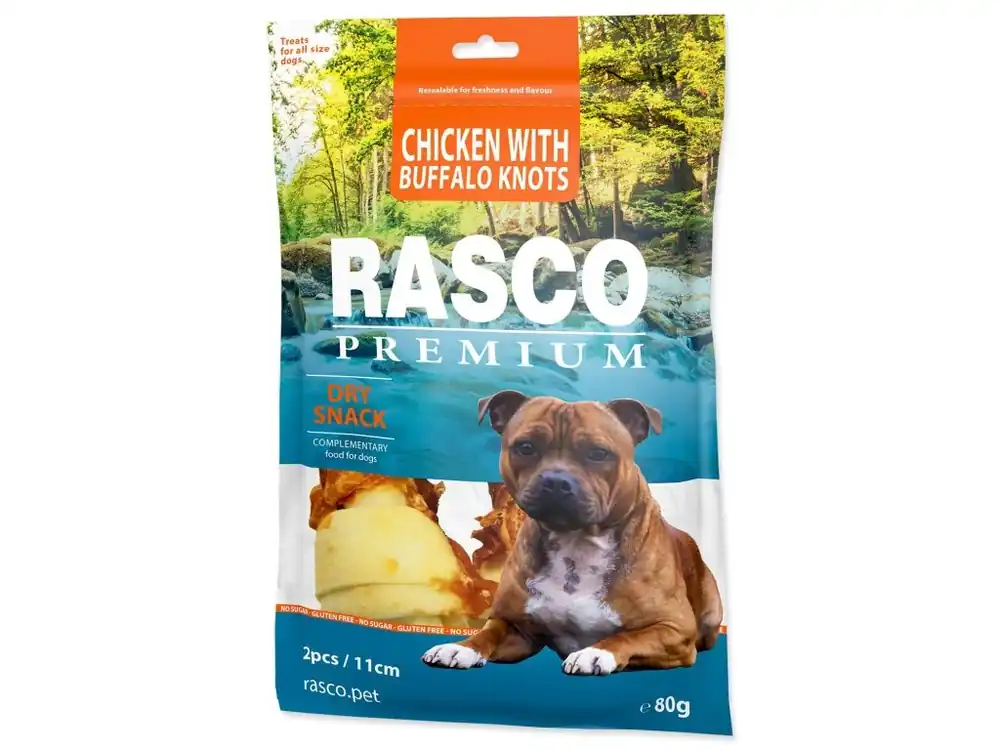 Pochoutka Rasco Premium buvolí kůže obalená kuřecím, uzly 11cm 80g Ověřený