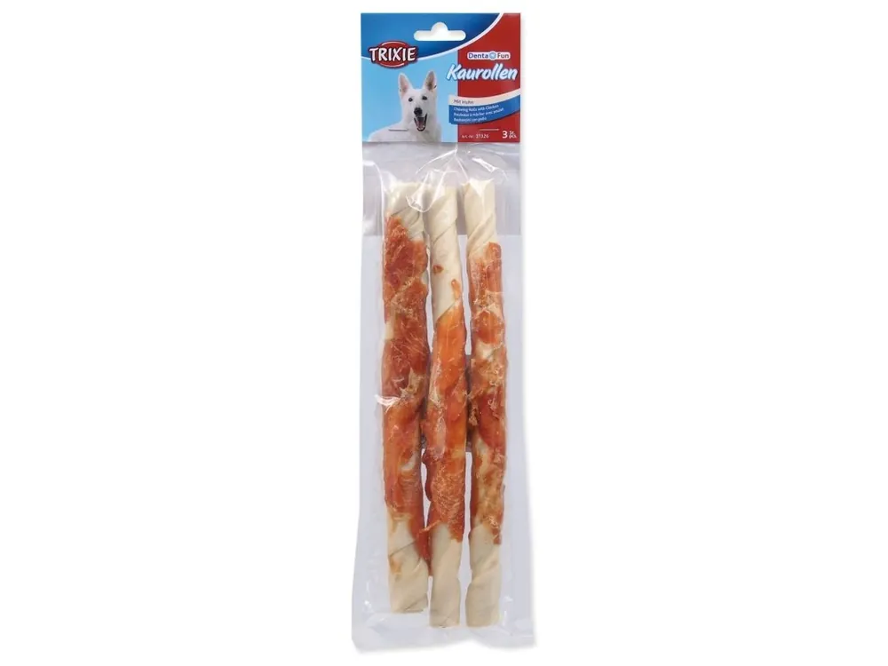 Pochoutka Trixie DentaFun buvolí kůže obalená kuřecím, rolky 28cm 3ks Akce