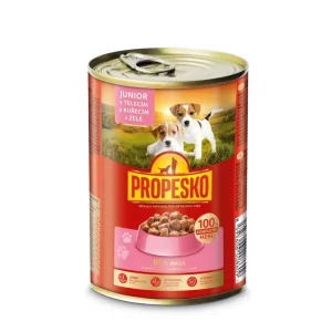 Výprodej PROPESKO Dog Junior telecí, kuřecí v želé, kousky 415 g
