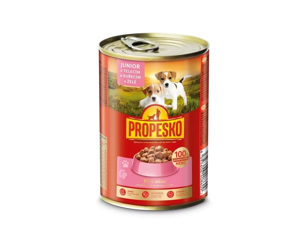 Výprodej PROPESKO Dog Junior telecí, kuřecí v želé, kousky 415 g