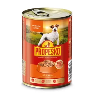 Nová Kolekce PROPESKO Dog kuřecí a játra v omáčce, kousky 415 g