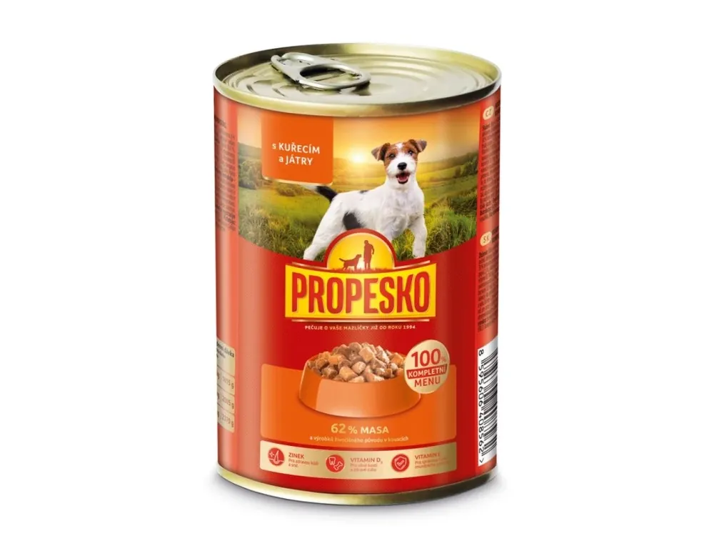 Nová Kolekce PROPESKO Dog kuřecí a játra v omáčce, kousky 415 g